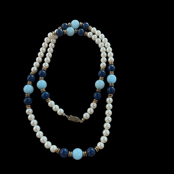 Ocean Sky Blue & Pearl Colored Glass Beaded Necklace Lapis Accents - Picture 4 of 7
